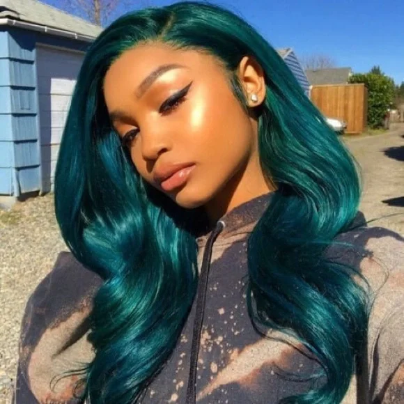 ?24” TEAL BODY WAVE LACE FRONT WIG? *NEW*
??? Vogue Blue Bob Lace Front Wig with Remy Teal Human Hair  main image 3